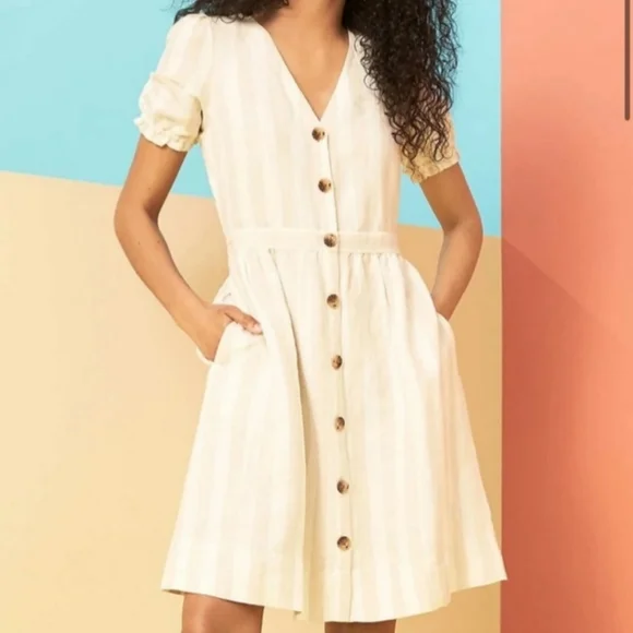 Striped Puff Sleeve Pocket Shirtdress Size 18 Whisper White Women's, Loft